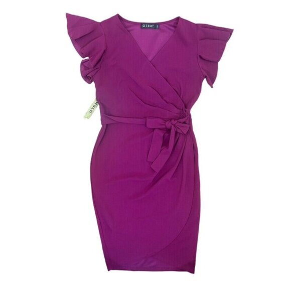 Women's V-Neck Ruffle Sleeve Faux Wrap Stretch Tulip Hem Purple Dress Size Small - Picture 16 of 16